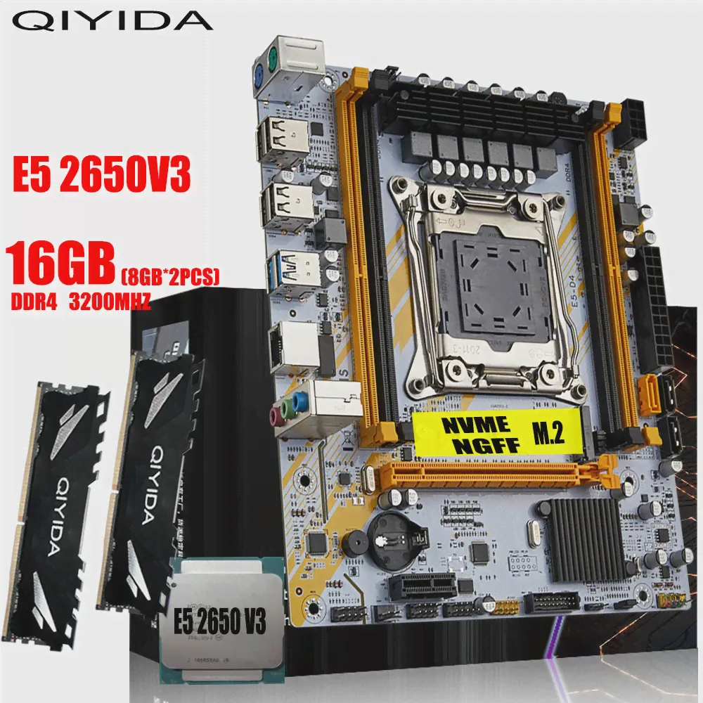 Комплект материнской платы QIYIDA X99 с процессором LGA2011-3 Intel Xeon E5 2650 V3 16 ГБ (2*8G) 3200 МГЦ DDR4 Настольная память M-ATX M.2 E5 D4-0